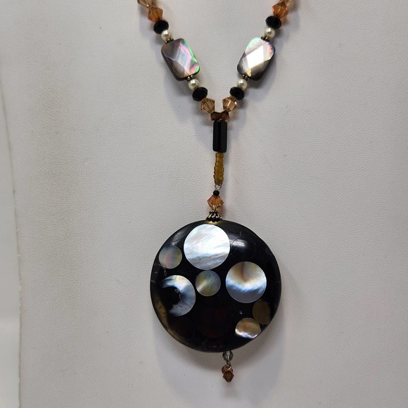 Artisan Black Shell Inlay Pendant Beaded Y Drop Necklace Sterling Silver Clasp - Picture 2 of 6